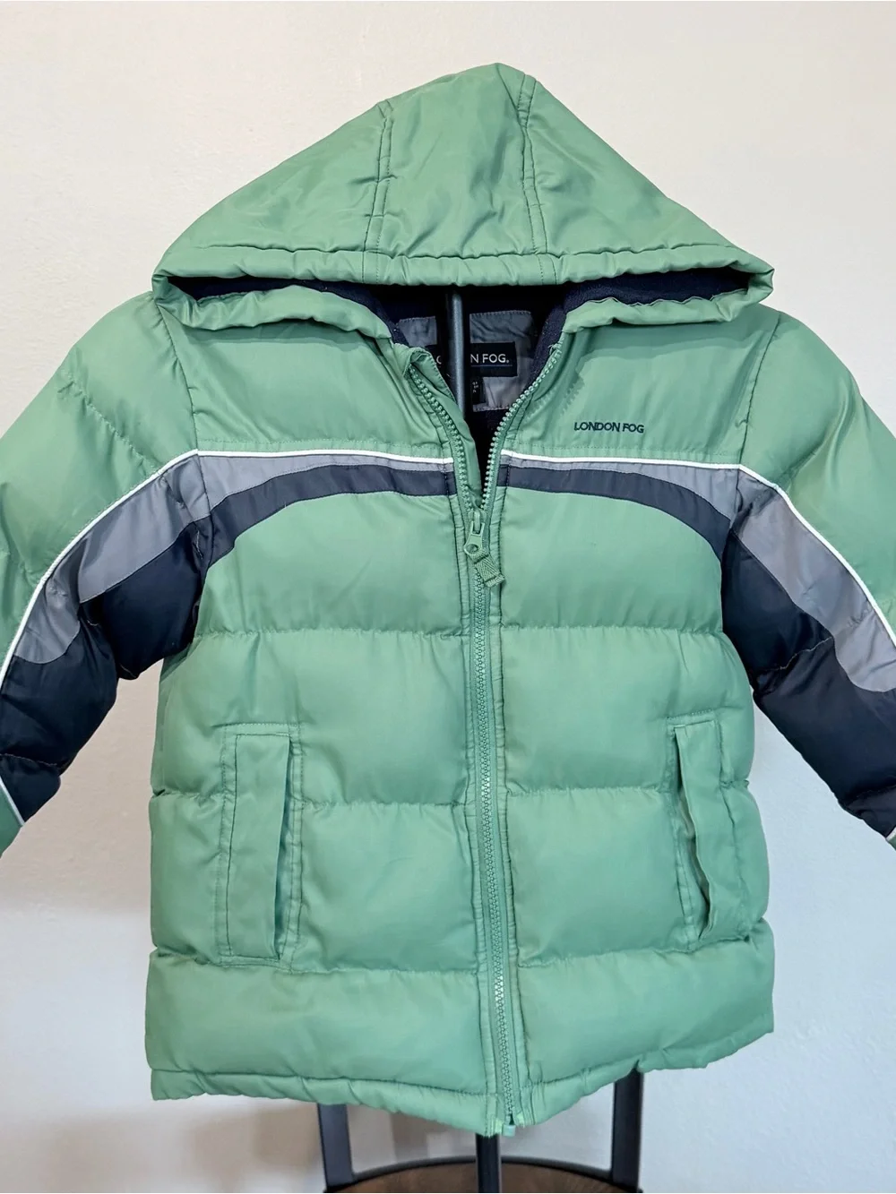London Fog Kids Mint Green Puffer Jacket with Navy & Gray Accents